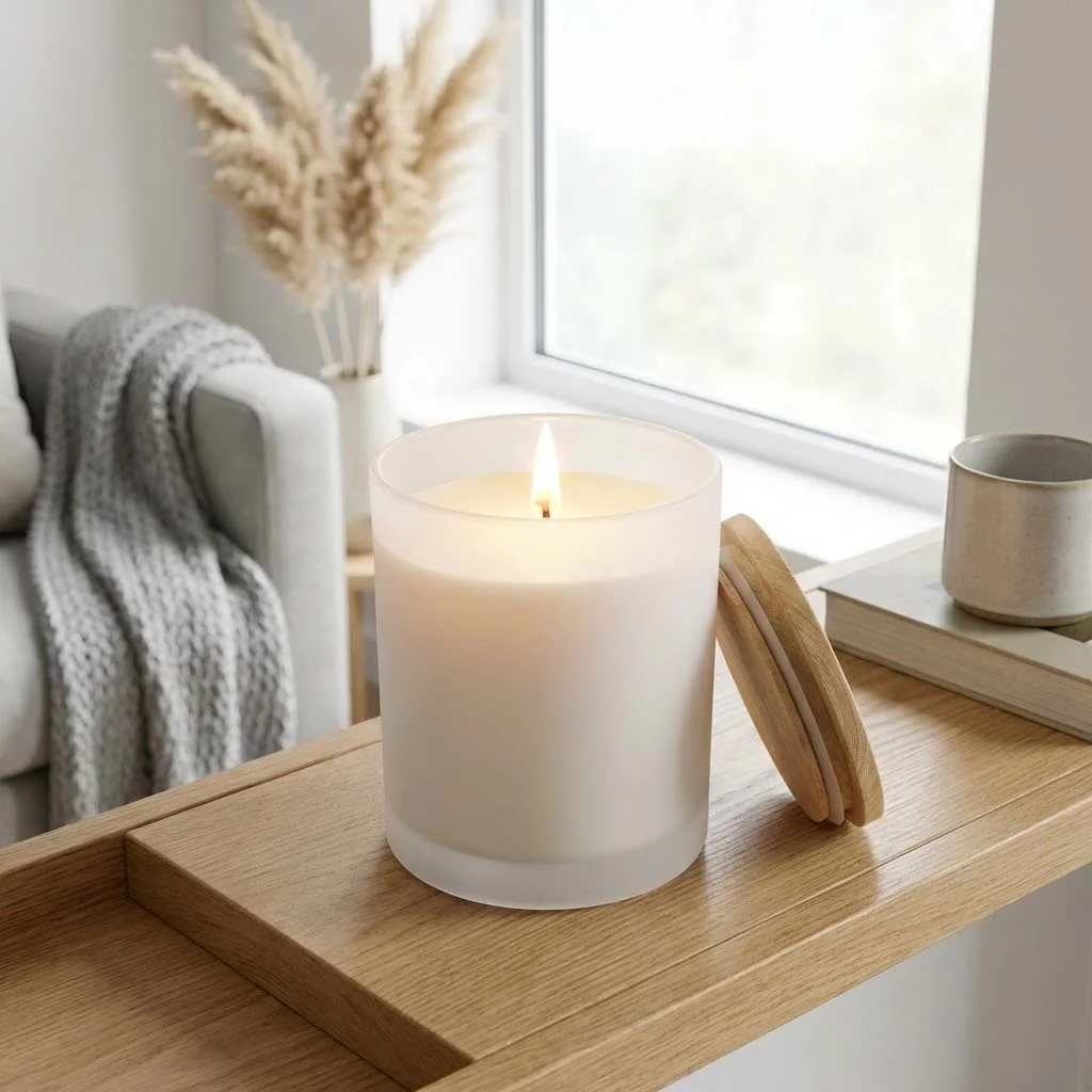 Whiskey scented candle with a warm glow