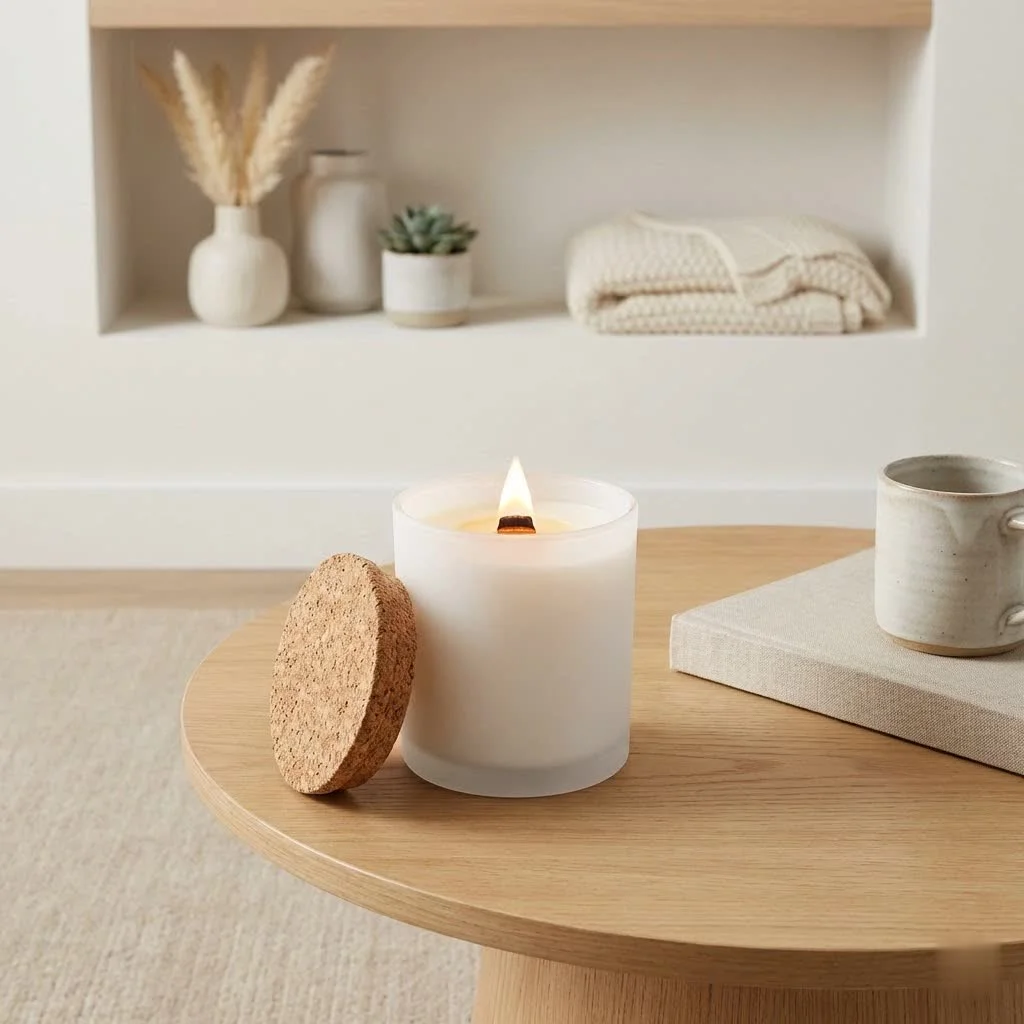 Scented candle holder with a lit candle