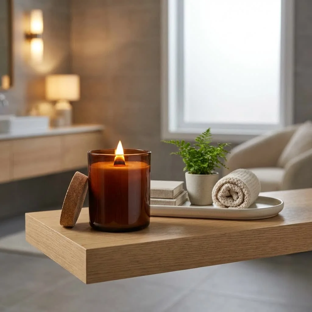 Firewood scented candle burning with a warm glow