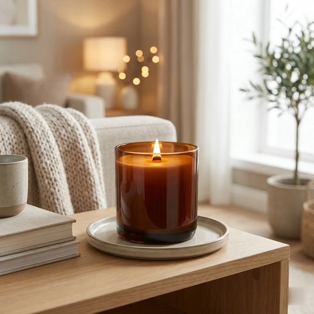 Fireplace scented candle with a warm glow