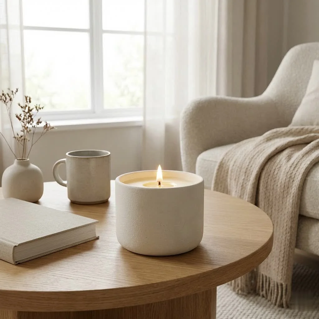 Oud scented candle burning with a soft glow