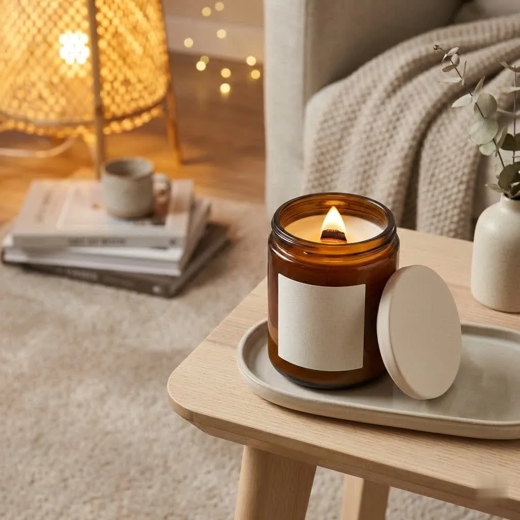 Marshmallow scented candle burning in a cozy home setting